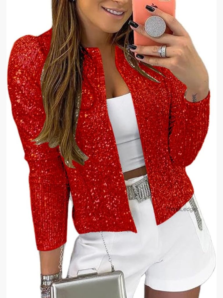 Sequin Open Front Blazer Puff Long Sleeve Crop Jacket Casual Party Coat